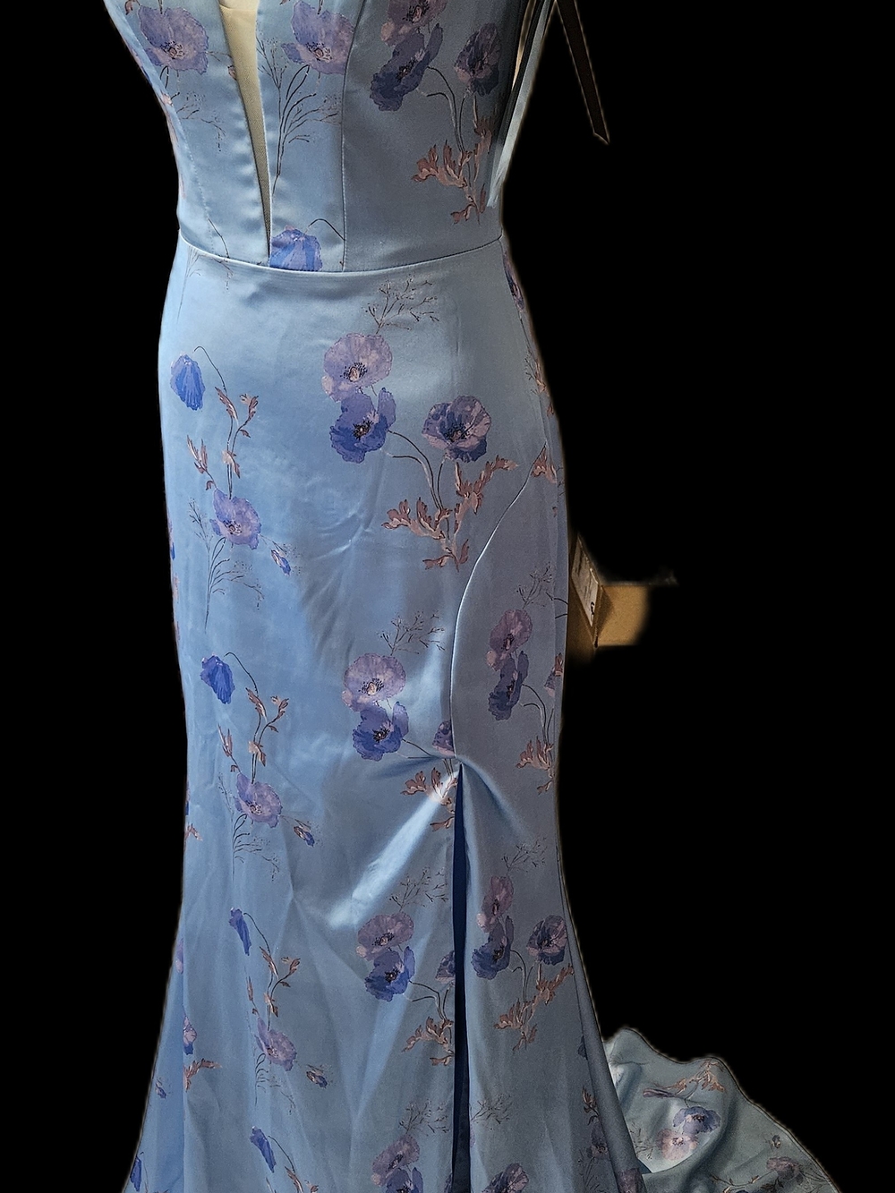 US-6 ** Designer Sample**1 Of 1 Terani Couture Light Blue Satin Floral Maxi Gown
